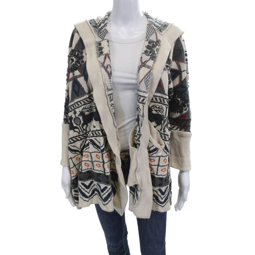 Biya Unisex Beige Aztec Geometric Cotton Cardigan Long Sleeve Size XS